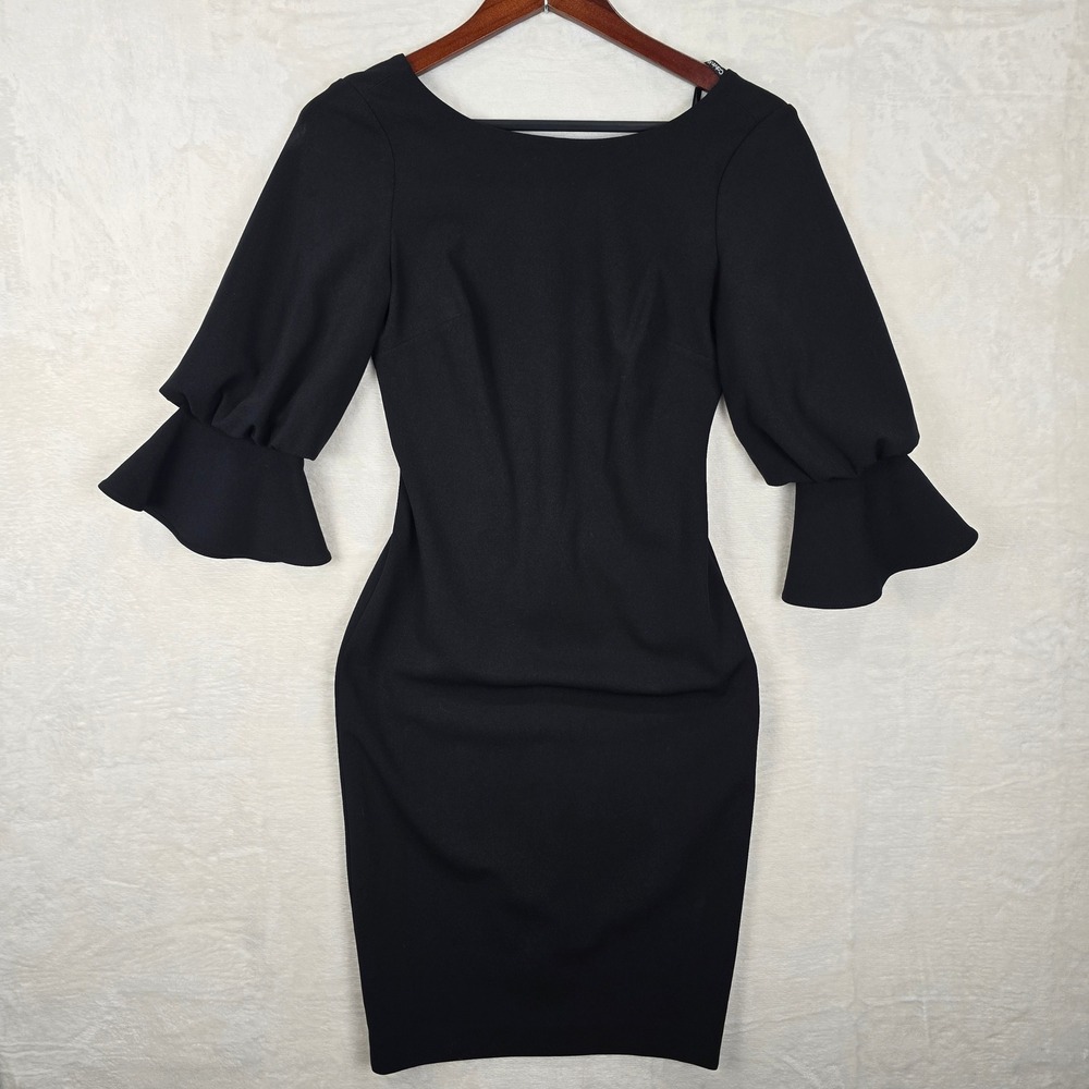 Calvin Klein Black Tiered Bell Sleeve Sheath Dress CD2C1M5H Size 2 Career office